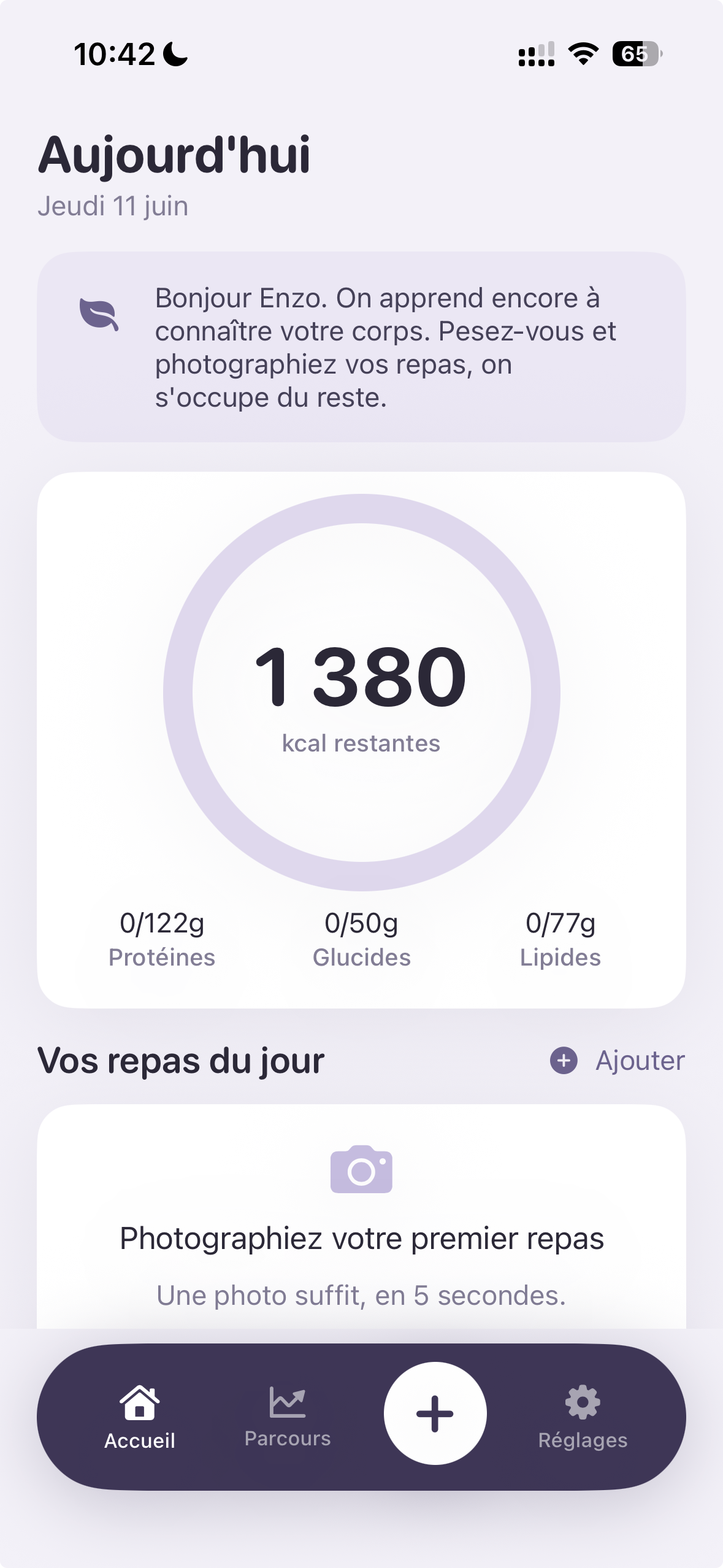 Capture de l'application Fitalia affichant les calories restantes et les repas du jour